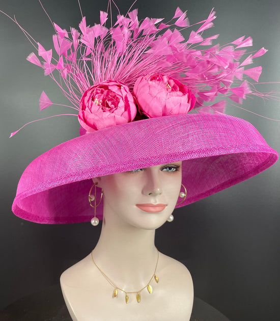 Audrey Hepburn Style Dome Hat Kentucky Derby Hat Tea Party Carriage Party  Wide Brim Sinamay Hat Fuchsia Hot Pink Feather Flower and Peony