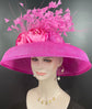 Audrey Hepburn Style Dome Hat Kentucky Derby Hat Tea Party Carriage Party  Wide Brim Sinamay Hat Fuchsia Hot Pink Feather Flower and Peony