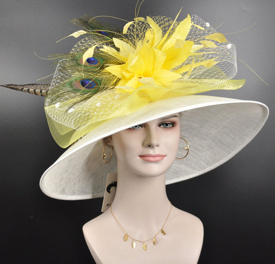 Church Kentucky Derby Hat Wide Brim Sinamay Hat  Carriage Tea Party Wedding  White with Yellow Peacock Feathers
