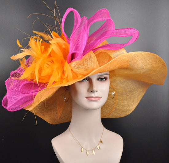 Orange Wide Brim Sinamay Hat Kentucky Derby Hat w Fuchsia Pink Bow Orange  Feather Flower Kentucky Derby Wedding Hat, Easter Hat