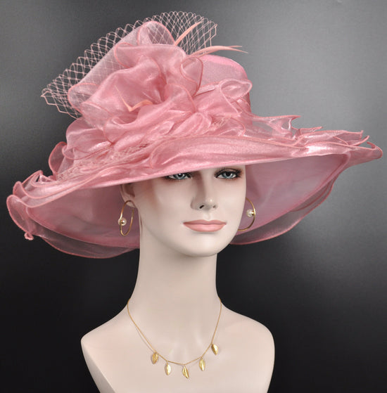 Medium Brim One Flower Blush Pink  for Church, Wedding, Tea Party, Kentucky Derby Hat Medium Brim Organza Hat