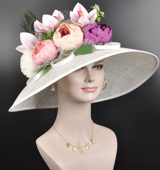 Church Kentucky Derby Hat Wide Brim Sinamay Hat  Carriage Tea Party Wedding  White with Peony and Orchid Flowers Design