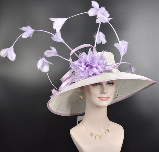 White w Lavender Kentucky Derby Hat, Church Hat, Wedding Hat, Easter Hat, Tea Party Hat Wide Brim Royal Ascot Horse Race Oaks day hat