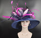 Kenutucky Derby Hat, Wide Brim Sinamay Hat, Tea Party Hat, Oaks Day Hat, Wedding Hat Navy Blue Fuchsia Pink Light Pink Jumbo Bows Hat