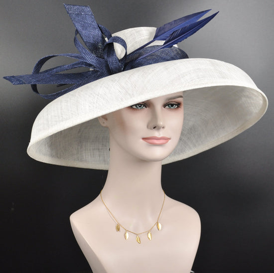 Audrey Hepburn Style Dome Hat Kentucky Derby Hat Tea Party Carriage Party  3 Layers  Wide Brim  Sinamay Hat White w Navy Blue