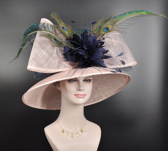 Blush Pink with Navy Blue Feather Flowers Kentucky Derby Hat Tea Party Carriage Party  Royal AscotWide Brim  Sinamay Hat Jumbo Bows