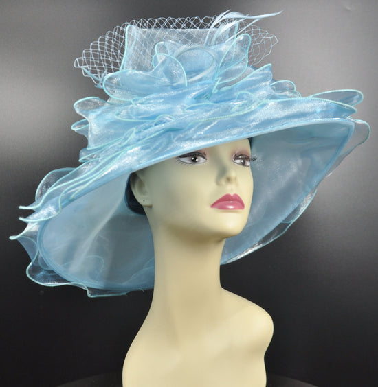 Medium Brim One Flower Blue  for Church, Wedding, Tea Party, Kentucky Derby Hat Medium Brim Organza Hat