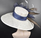 Church Kentucky Derby Hat Wide Brim Sinamay Hat  Carriage Tea Party Wedding  White with Navy Blue Peach Yellow Peacock Feathers