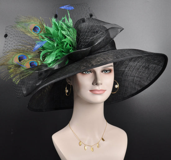 Church Kentucky Derby Hat Carriage Tea Party Wedding Wide Brim Woman’s Sinamay Hat Black w Green Flower Peacock Feathers