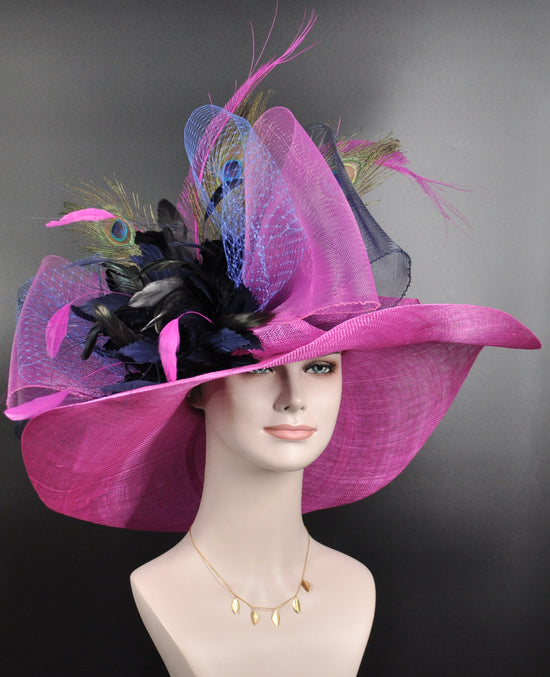 Hot Pink w Navy Blue  Bow and Peacock Feather Flowers Kentucky Derby Hat, Tea Party Hat, Church, Oaks Day, Pink Day  Wide Brim  Sinamay Hat