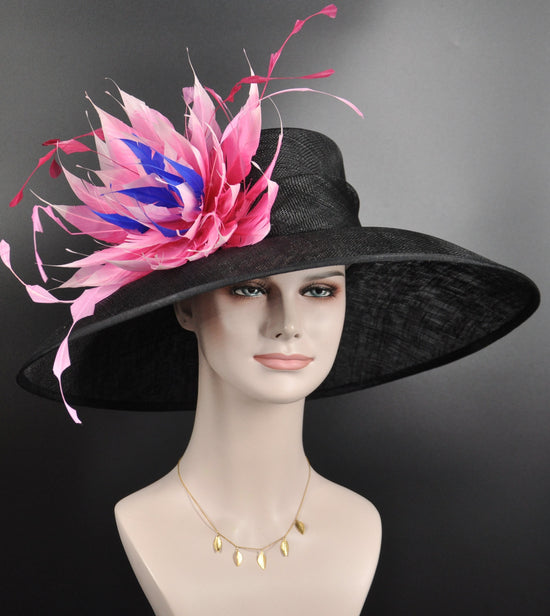Black w Fuchsia Hot Pink Pink Royal  Feather Flower Kentucky Derby Hat Tea Party Carriage Party  Royal Ascot Wide Brim Sinamay Hat