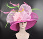 Hot Pink W Pink Fuschia Green Yellow Feather Flowers  Kentucky Derby Hat Tea Party Carriage Party  Royal Ascot Wide Brim  Sinamay Hat