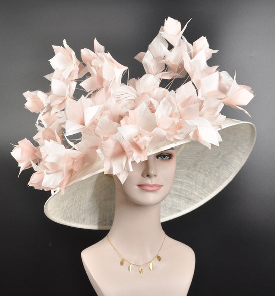 Pink Day, Church, Kentucky Derby Hat,Wide Brim Sinamay Hat ,Carriage, Tea Party ,Wedding , Off White/Ivory W Blush/Dusty Pink Feather Flower