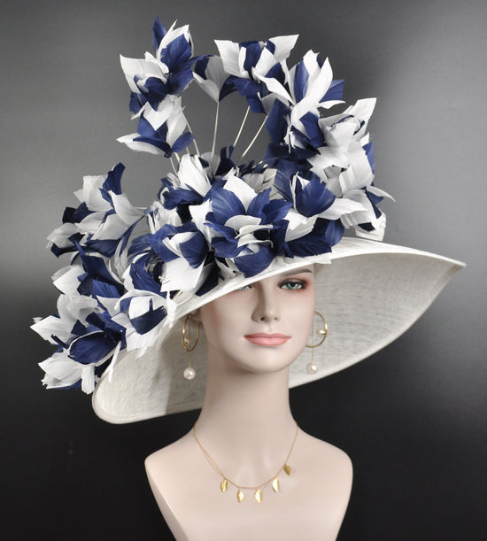 Church, Kentucky Derby Hat,Wide Brim Sinamay Hat ,Carriage, Tea Party ,Wedding , White w Navy Blue  Feather Flower