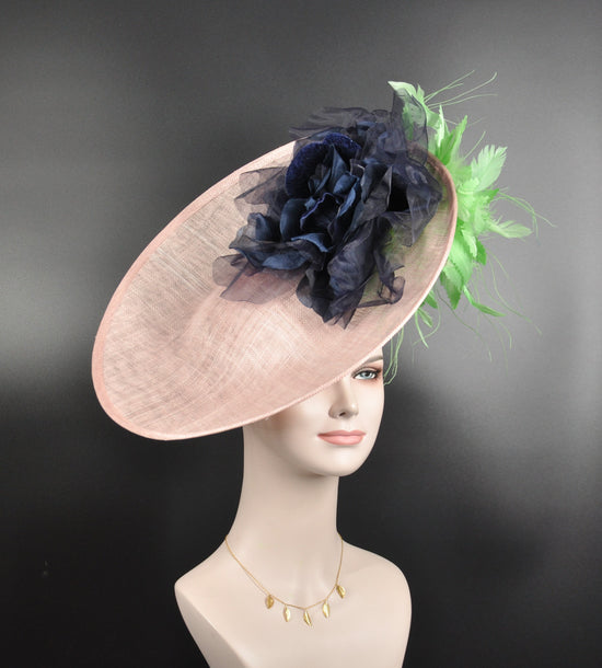 Sinamay Disc Fascinator Hat with  Jumbo Silk , Feather Flowers Kentucky Derby Wedding Tea Mother of Bride Blush Pink Green Navy Blue