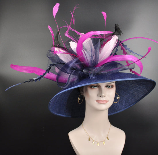 Kenutucky Derby Hat, Wide Brim Sinamay Hat, Tea Party Hat, Oaks Day Hat, Wedding Hat Navy Blue Fuchsia Pink Light Pink Jumbo Bows Hat