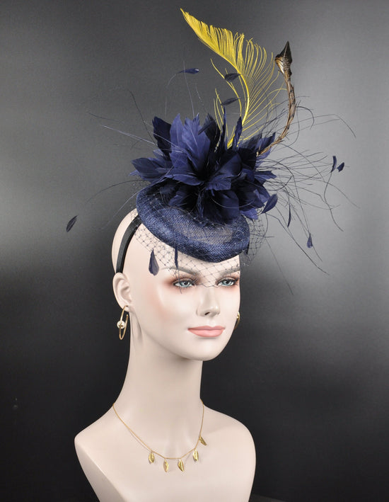 Sinamay Disc Fascinator Hat with Navy Blue  Jumbo  Feather Flower, God Feather and Netting