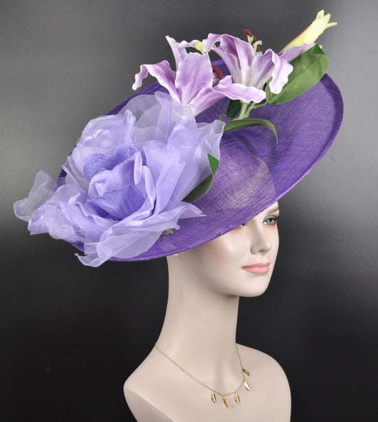 Purple w Lavender Lilac Green Sinamay Disc Fascinator Hat w  Jumbo Silk Flowers Kentucky Derby Hat, Easter Hat, Tea Party Hat, Wedding Hat