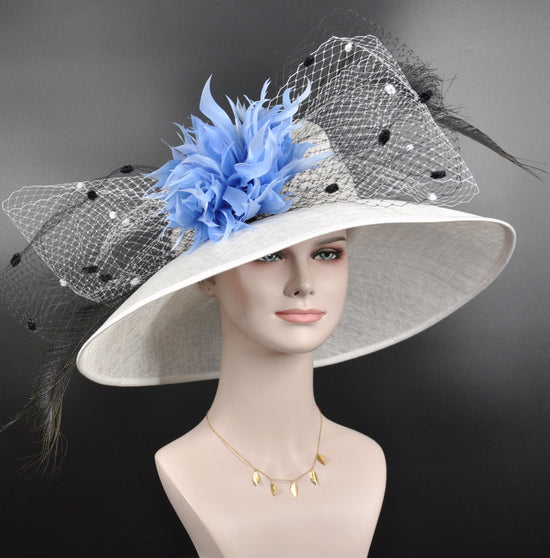 Church,  Kentucky Derby Hat  Carriage, Tea Party, Wedding Wide Brim Royal Ascot Hat in Solid Sinamay Hat White W Blue Black
