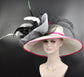 White w Fuchsia Pink Black  Jumbo Bows Feather Flower Wide Brim Sinamay Hat,Kentucky DerbyHat, Oaks Day Hat, Carriage Hat