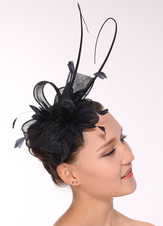 Kentucky Derby Feather Floral Sinamay Headband Fascinator Cocktail Navy Blue