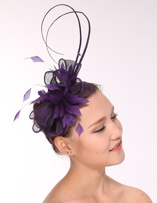Kentucky Derby Feather Floral Sinamay Headband Fascinator Cocktail Purple