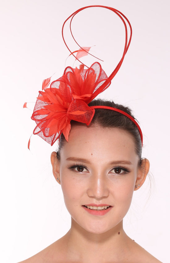 Kentucky Derby Feather Floral Sinamay Headband Fascinator Cocktail Red
