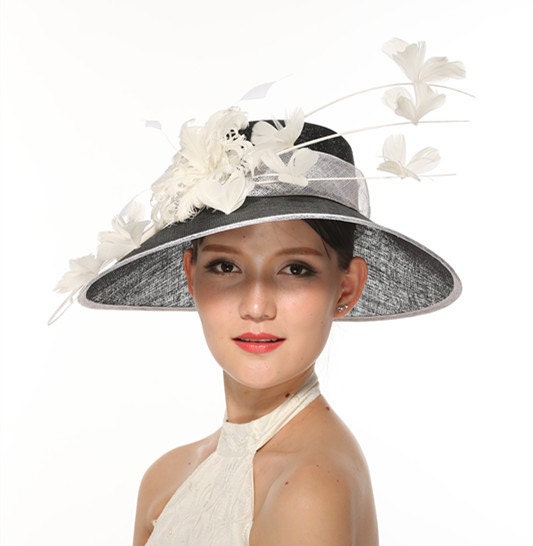 Black with White 3 Layers Kentucky Derby Hat, Church Hat, Wedding Hat, Easter Hat, Tea Party Hat