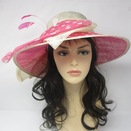 Hot Pink with Cream  Kentucky Derby Hat, Church Hat, Wedding Hat, Easter Hat, Tea Party Hat Wide Brim  Sinamay  Hat