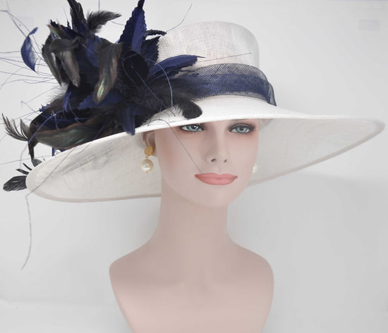 Church Kentucky Derby Carriage Tea Party Wedding Wide Brim  Royal Ascot Horse Race Oaks day hat White with Navy Blue