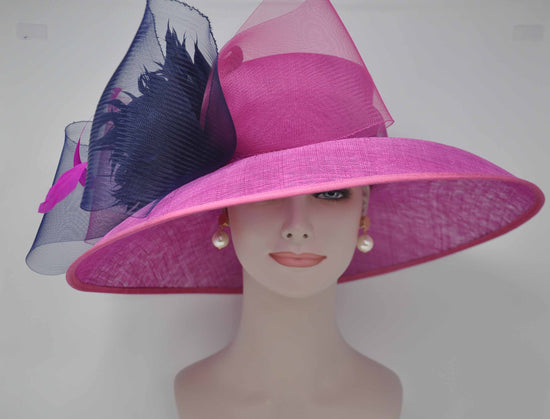 Church Kentucky Derby HatCarriage Tea Party Wedding Wide Brim  Royal Ascot Hat in Solid Sinamay Hat Hot Pink w Navy Blue