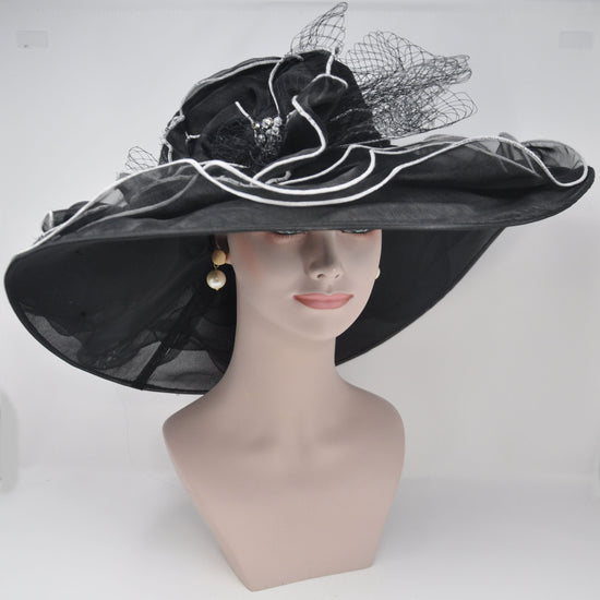 New Kentucky Derby Hat, Church, Wedding, Tea Party with Two Big Flower 4 Layers 7" Wide Brim Organza Hat( Black with White)