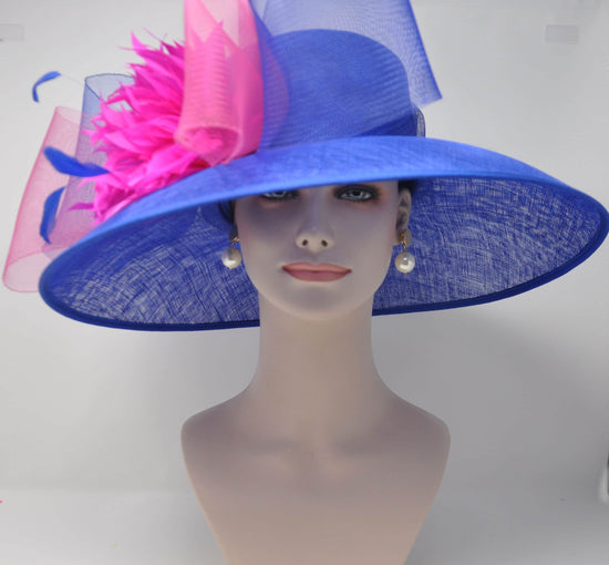 Church Kentucky Derby HatCarriage Tea Party Wedding Wide Brim  Royal Ascot Hat in Solid Sinamay Hat Royal  Blue w Hot Pink