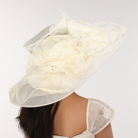 New Kentucky Derby, Church, Wedding, Tea Party with Two Big Flower 4 Layers 7" Wide Brim Organza Hat ( Off white/Ivory)