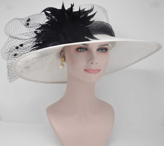 Church Kentucky Derby Hat Carriage Tea Party Wedding Wide Brim  Royal Ascot Hat in Solid Sinamay Hat White with Black