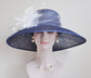 Church Kentucky Derby Hat Carriage Tea Party Wedding Wide Brim  Royal Ascot Hat in Solid Sinamay Hat Navy Blue w Ivory