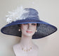 Church Kentucky Derby Hat Carriage Tea Party Wedding Wide Brim  Royal Ascot Hat in Solid Sinamay Hat Navy Blue w Ivory