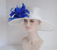 Church Kentucky Derby HatCarriage Tea Party Wedding Wide Brim  Royal A Hat  Sinamay Hat White w Royal Blue and White Feathers