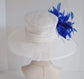 Church Kentucky Derby HatCarriage Tea Party Wedding Wide Brim  Royal A Hat  Sinamay Hat White w Royal Blue and White Feathers