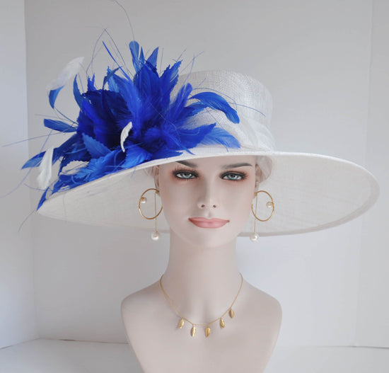 Church Kentucky Derby HatCarriage Tea Party Wedding Wide Brim  Royal A Hat  Sinamay Hat White w Royal Blue and White Feathers