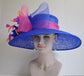 Church Kentucky Derby HatCarriage Tea Party Wedding Wide Brim  Royal Ascot Hat in Solid Sinamay Hat Royal Blue w Hot Pink and Orange