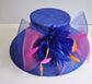 Church Kentucky Derby HatCarriage Tea Party Wedding Wide Brim  Royal Ascot Hat in Solid Sinamay Hat Royal Blue w Hot Pink and Orange