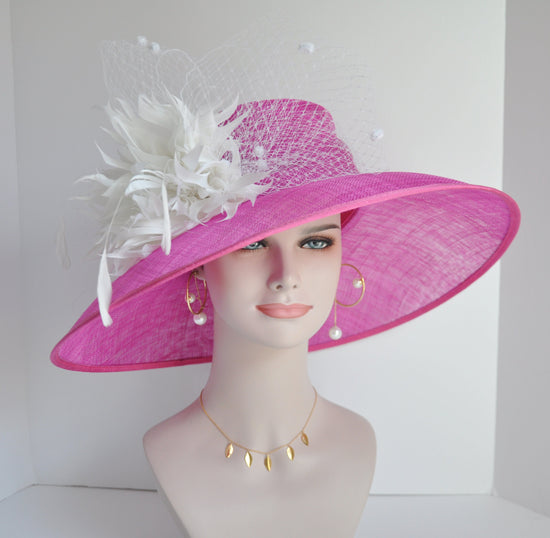 Church Kentucky Derby Hat Carriage Tea Party Wedding Wide Brim  Royal Ascot Hat Sinamay Hat Hot Pink w White Flowers and Netting