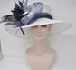 Church Kentucky Derby Hat  Carriage Tea Party Wedding  White with Navy Blue Peacock Feathers