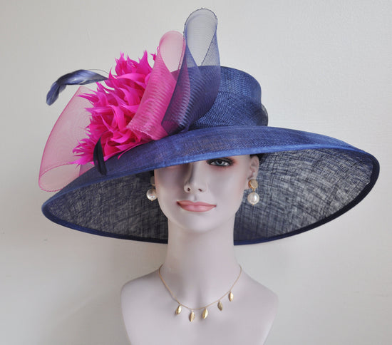 Church Kentucky Derby HatCarriage Tea Party Wedding Wide Brim  Royal Ascot Hat in Solid Sinamay Hat Navy Blue w Hot Pink