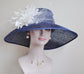 Church Kentucky Derby Hat Carriage Tea Party Wedding Wide Brim  Royal Ascot Hat in Solid Sinamay Hat Navy Blue w Ivory