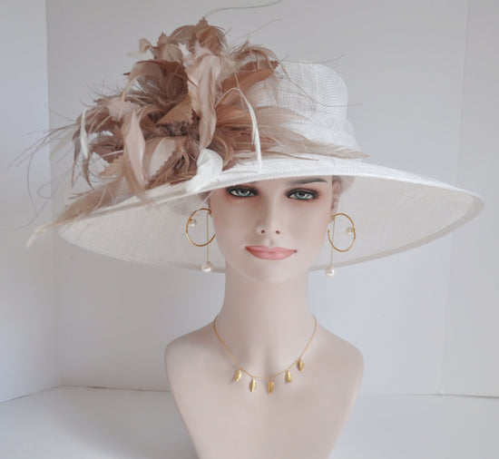 Church Kentucky Derby Carriage Tea Party Wedding Wide Brim  Royal Ascot Horse Race Oaks day hatWhite with Taupe and White Feathers