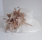 Church Kentucky Derby Carriage Tea Party Wedding Wide Brim  Royal Ascot Horse Race Oaks day hatWhite with Taupe and White Feathers