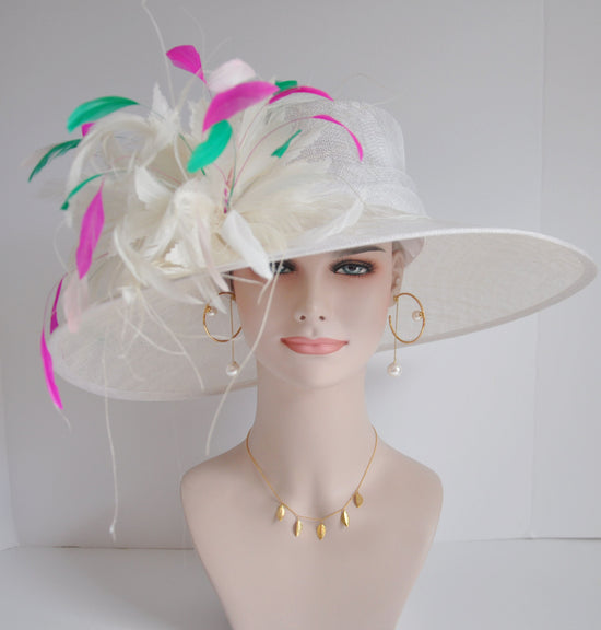 Church Kentucky Derby Carriage Tea Party Wedding Wide Brim  Royal A Hat  Sinamay Hat White w White, Hot Pink, Green and Pink Feathers