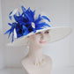 Church Kentucky Derby HatCarriage Tea Party Wedding Wide Brim  Royal A Hat  Sinamay Hat White w Royal Blue and White Feathers